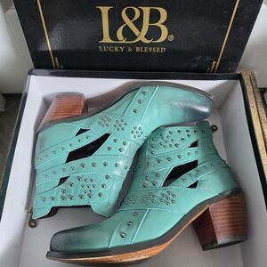L&B Teal Cutout Studded Ankle Boots
